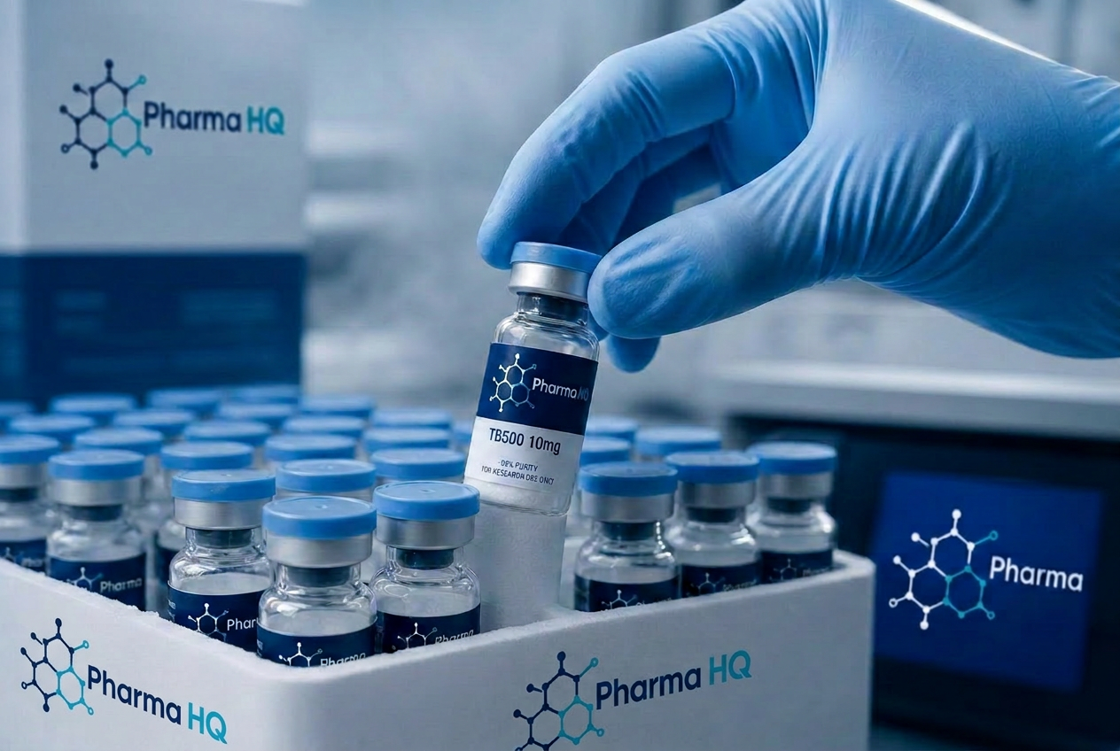 Pharma HQ research peptide vials in a clinical laboratory tray